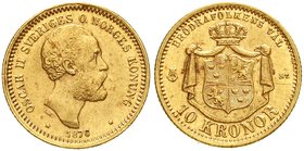 Schweden
Oscar II., 1872-1907
10 Kronor 1876 ST LA. Mit O. in der Umschrift. 4,48 g. 900/1000. vorzüglich/Stempelglanz