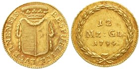Schweiz
Luzern
12 Münzgulden (Duplone) 1794. 7,61 g. vorzüglich, selten