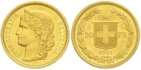 Schweiz
Eidgenossenschaft, seit 1850
20 Franken 1883. Helvetia. 6,45 g. 900/1000. vorzüglich/Stempelglanz