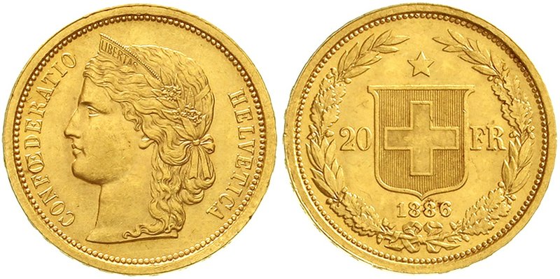 Schweiz
Eidgenossenschaft, seit 1850
20 Franken 1886. Helvetia. 6,45 g. 900/10...