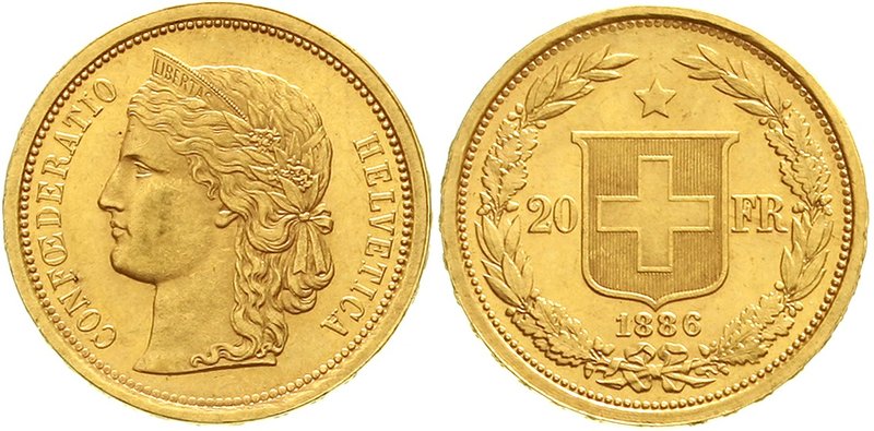 Schweiz
Eidgenossenschaft, seit 1850
20 Franken 1886. Helvetia. 6,45 g. 900/10...