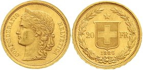 Schweiz
Eidgenossenschaft, seit 1850
20 Franken 1886. Helvetia. 6,45 g. 900/1000. vorzüglich/Stempelglanz