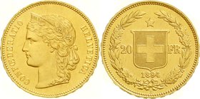 Schweiz
Eidgenossenschaft, seit 1850
20 Franken 1894 B, Helvetia. 6,45 g. 900/1000. prägefrisch, selten in dieser Erhaltung
