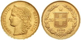 Schweiz
Eidgenossenschaft, seit 1850
20 Franken 1896 B. Helvetia. 6,45 g. 900/1000. fast Stempelglanz
