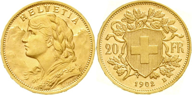 Schweiz
Eidgenossenschaft, seit 1850
20 Franken Vreneli 1902 B. 6,45 g. 900/10...