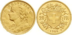 Schweiz
Eidgenossenschaft, seit 1850
20 Franken Vreneli 1906 B. 6,45 g. 900/1000. vorzüglich/Stempelglanz, kl. Randfehler, selten