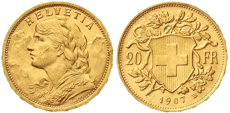 Schweiz
Eidgenossenschaft, seit 1850
20 Franken Vreneli 1907 B. 6,45 g. 900/10...