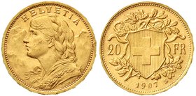 Schweiz
Eidgenossenschaft, seit 1850
20 Franken Vreneli 1907 B. 6,45 g. 900/1000. vorzüglich/Stempelglanz, winz. Randfehler, selten