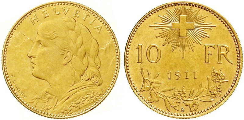 Schweiz
Eidgenossenschaft, seit 1850
10 Franken Vreneli 1911 B. 3,23 g. 900/10...