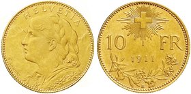 Schweiz
Eidgenossenschaft, seit 1850
10 Franken Vreneli 1911 B. 3,23 g. 900/1000. vorzüglich/Stempelglanz, selten