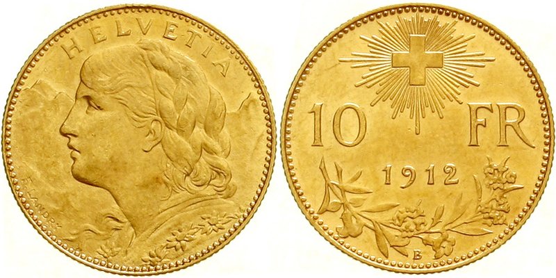 Schweiz
Eidgenossenschaft, seit 1850
10 Franken Vreneli 1912 B. 3,23 g. 900/10...