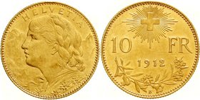 Schweiz
Eidgenossenschaft, seit 1850
10 Franken Vreneli 1912 B. 3,23 g. 900/1000. vorzüglich/Stempelglanz