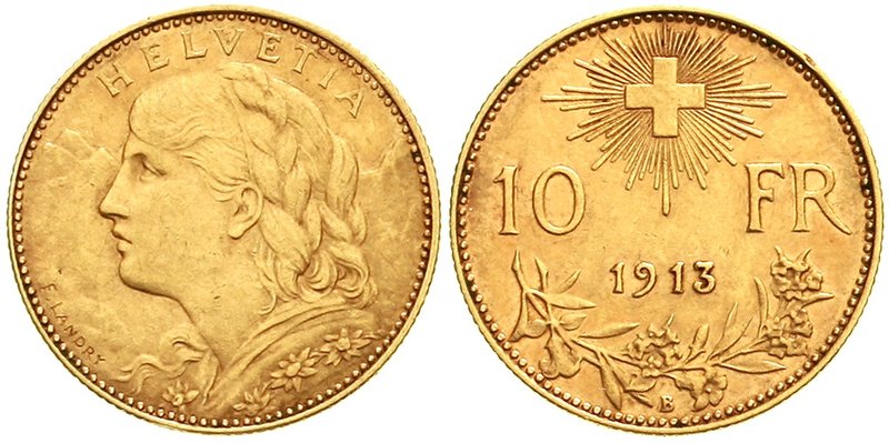 Schweiz
Eidgenossenschaft, seit 1850
10 Franken Vreneli 1913 B. 3,23 g. 900/10...
