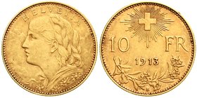 Schweiz
Eidgenossenschaft, seit 1850
10 Franken Vreneli 1913 B. 3,23 g. 900/1000. vorzüglich, kl. Randfehler