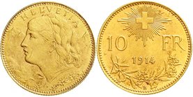 Schweiz
Eidgenossenschaft, seit 1850
10 Franken Vreneli 1914 B. 3,23 g. 900/1000. vorzüglich/Stempelglanz