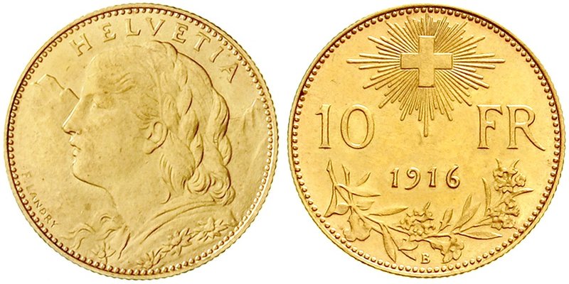 Schweiz
Eidgenossenschaft, seit 1850
10 Franken Vreneli 1916 B. 3,23 g. 900/10...