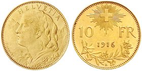 Schweiz
Eidgenossenschaft, seit 1850
10 Franken Vreneli 1916 B. 3,23 g. 900/1000. Stempelglanz, selten in dieser Erhaltung