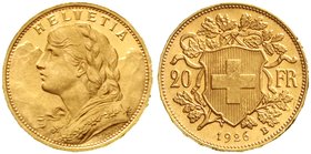Schweiz
Eidgenossenschaft, seit 1850
20 Franken Vreneli 1926 B. 6,45 g. 900/1000. prägefrisch, kl. Randfehler und Kratzer, selten
