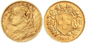 Schweiz
Eidgenossenschaft, seit 1850
20 Franken 1930 B (ohne L) Vreneli. 6,45 g. 900/1000. vorzüglich/Stempelglanz, selten