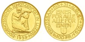 Schweiz
Eidgenossenschaft, seit 1850
100 Franken Schützentaler 1939 Luzern. 17,5 g. 900/1000. fast Stempelglanz