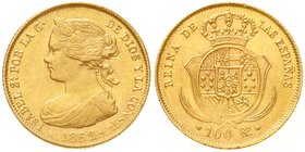 Spanien
Isabella II., 1833-1868
100 Reales 1862. Stern mit 7 Strahlen. 8,33 g. 900/1000. vorzüglich/Stempelglanz