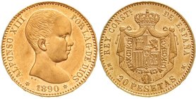 Spanien
Alfonso XIII., 1886-1933
20 Pesetas 1890 M.P. M. 6,45 g. 900/1000. vorzüglich/Stempelglanz