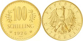 Österreich
1. Republik, 1918-1938
100 Schilling 1926. 23,52 g. 900/1000. vorzüglich/Stempelglanz, kl. Randfehler
