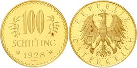 Österreich
1. Republik, 1918-1938
100 Schilling 1928. 23,52 g. 900/1000. vorzüglich/Stempelglanz, rote Punkte