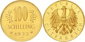 Österreich
1. Republik, 1918-1938
100 Schilling 1933. 23,52 g. 900/1000. Aufl. nur 4727 Ex. vorzüglich/Stempelglanz
