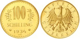 Österreich
1. Republik, 1918-1938
100 Schilling 1934. 23,52 g. 900/1000. Auflage nur 9383 Ex. fast Stempelglanz, Prachtexemplar