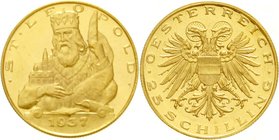 Österreich
1. Republik, 1918-1938
25 Schilling St. Leopold 1937. 5,881 g. 900/1000 vorzüglich/Stempelglanz aus EA, selten