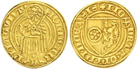 Mainz-Erzbistum
Johann II. von Nassau, 1397-1419
Goldgulden o.J. (1409-1414) Bingen. Var. mit nur einem Punkt hinter JOhIS. 3,48 g. gutes sehr schön...