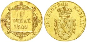 Nassau, Herzogtum
Friedrich August und Friedrich Wilhelm 1806-1816
Dukat 1809. 3,49 g. vorzüglich/Stempelglanz, minimal berieben, sonst Prachtexempl...