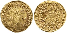 Nürnberg
Stadt
Goldgulden von den Stempeln des Losungs-Goldgulden 1604. Unten am Ende der Umschrift das Losungszeichen (das in Ligatur geschriebene ...
