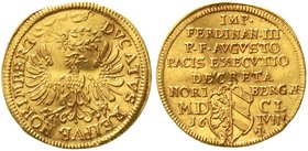 Nürnberg
Stadt
Dukat 1650. Westfälischer Friede: Friedensvollziehungsschluss. Titel Ferdinand III. 3,56 g. gutes vorzüglich, leicht wellig