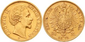 Bayern
Ludwig II., 1864-1886
20 Mark 1873 D. sehr schön/vorzüglich, berieben, winz. Randfehler