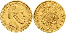 Preußen
Wilhelm I., 1861-1888
20 Mark 1888 A. 3 Kaiserjahr. gutes sehr schön, winz. Randfehler und kl. Kratzer
