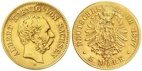 Sachsen
Albert, 1873-1902
5 Mark 1877 E. fast sehr schön, Rs. Goldlotanhaftung und Schleifspur