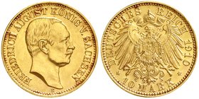 Sachsen
Friedrich August III., 1904-1918
10 Mark 1910 E. Besseres Jahr. fast Stempelglanz, selten in dieser Erhaltung