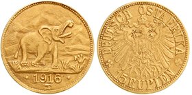 Deutsch-Ostafrika
Notmünzen aus Tabora, 1916
15 Rupien 1916 T. Elefant. Grosse Arabeske endet unter T. sehr schön/vorzüglich, am Rand etwas bearbeit...