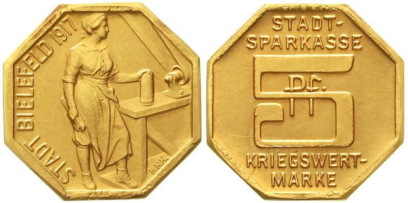 Bielefeld
Gold-Abschlag vom 5 Pfennig-Stück 1917. 18,1 mm, 3,24 g. Stempelglanz...