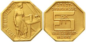 Bielefeld
Gold-Abschlag vom 5 Pfennig-Stück 1917. 18,1 mm, 3,24 g. Stempelglanz, von größter Seltenheit