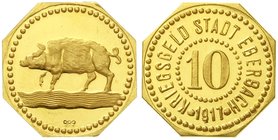 Eberbach (Baden)
Gold-Abschlag vom 10 Pfennig-Stück (achteckig) 1917. Rs. Punze 999. 3,74 g. Erstabschlag/Stempelglanz, äußerst selten