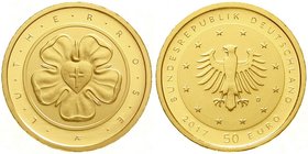 Euro
Gedenkmünzen, ab 2002
50 Euro 2017 D, Lutherrose. 1/4 Unze Feingold. In Originalschatulle mit Zertifikat und Umverpackung. Stempelglanz
