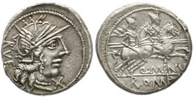 Römische Republik
Q. Minucius Rufus, 122 v.Chr.
Denar 122 v. Chr. Romakopf m. Greifenkopfhelm n.r./die Dioskuren reiten r. sehr schön/vorzüglich