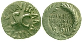 Kaiserzeit
Augustus 27 v. Chr. bis 14 n. Chr
Dupondius 17 v. Chr. Münzmeister P. Licinius Stolo. sehr schön, Prägeschwäche