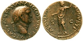 Kaiserzeit
Vespasian, 69-79
As 73. Bel. Kopf r./AEQVITAS AVGVSTI SC. Aequitas steht l., hält Waage. sehr schön