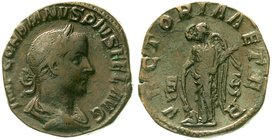 Kaiserzeit
Gordianus III. Pius, 238-244
Sesterz 238/244. Belorb., drap. Brb. r./VICTORIA AETER SC. Victoria steht l. sehr schön
