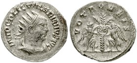 Kaiserzeit
Valerianus I., 253-260
Antoninian 253/260. Drap. Brb. mit Strahlenbinde r./VOTA ORBIS. 2 Victorien halten Schild mit SC auf Palme. vorzüg...