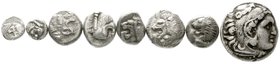 Griechen
8 Münzen: Milet 5 X 1/12 Stater, 2 X 1/24 Stater, Makedonien Drachme Alexander III. sehr schön